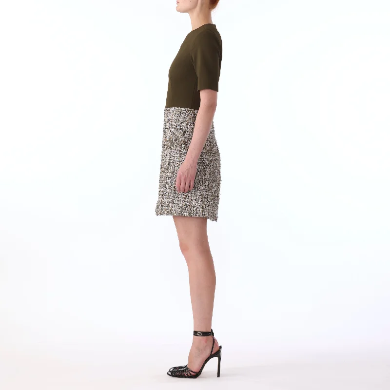 Floral day dress for casual look -Texture Tweed Jersey Combo Short Sleeve Day Dress