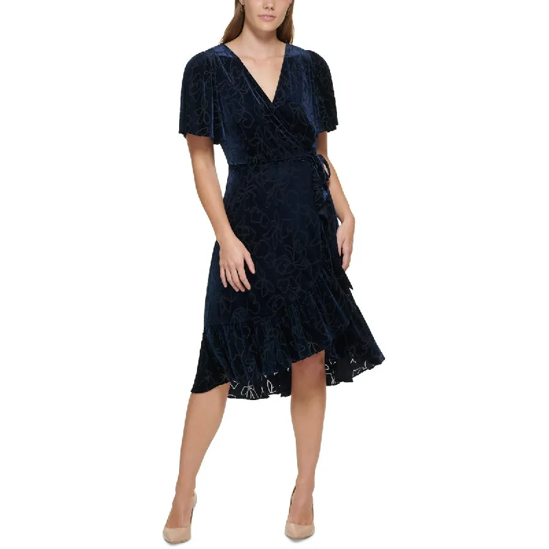 Women's wrap dresses with end-of-summer vibes-Calvin Klein Womens Velvet Midi Wrap Dress Women's wrap dresses with end-of-summer vibes-Calvin Klein Womens Velvet Midi Wrap Dress
