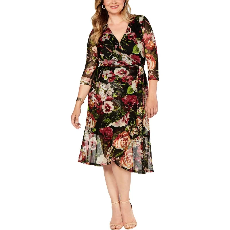 Women's wrap dresses with music festival vibes-Connected Apparel Womens Plus Mesh Floral Print Wrap Dress Women's wrap dresses with music festival vibes-Connected Apparel Womens Plus Mesh Floral Print Wrap Dress