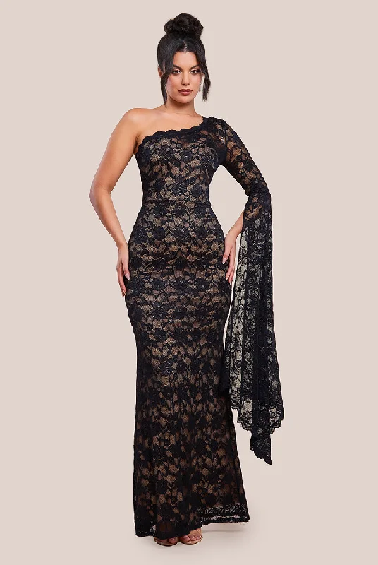 Bridesmaid dress with embroidered lace bodice for delicate touch -Goddiva One Shoulder Scalloped Neck Maxi Dress - Black Bridesmaid dress with embroidered lace bodice for delicate touch -Goddiva One Shoulder Scalloped Neck Maxi Dress - Black