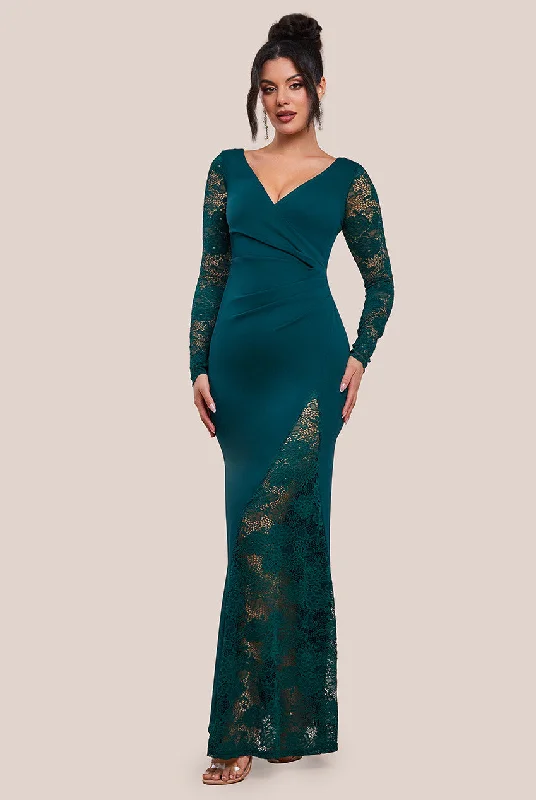 Bridesmaid dresses with glitter details for shimmer -Goddiva Scuba & Lace Wrap Maxi Dress - Emerald Bridesmaid dresses with glitter details for shimmer -Goddiva Scuba & Lace Wrap Maxi Dress - Emerald