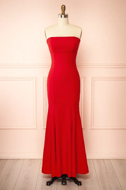 Bridesmaid dresses with deep V-neck for bold effect -Aeji Red | Strapless Mermaid Dress w/ Corset Back Bridesmaid dresses with deep V-neck for bold effect -Aeji Red | Strapless Mermaid Dress w/ Corset Back