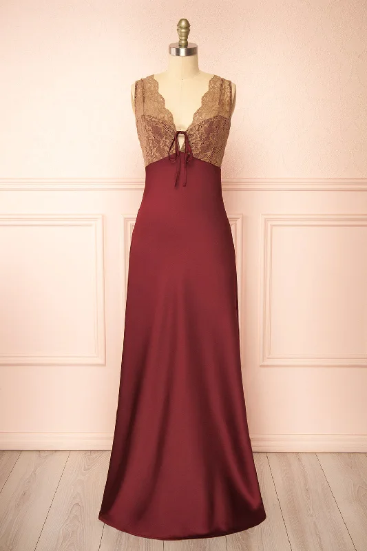 Off-shoulder bridesmaid dress for a chic style -Evara Burgundy | Maxi Satin Slip Dress w/ Lace Off-shoulder bridesmaid dress for a chic style -Evara Burgundy | Maxi Satin Slip Dress w/ Lace