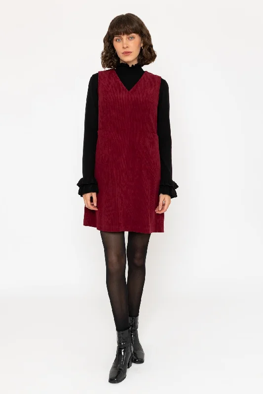 Day dress with pockets for convenience -Sleeveless Pinafore Mini Dress in Burgundy