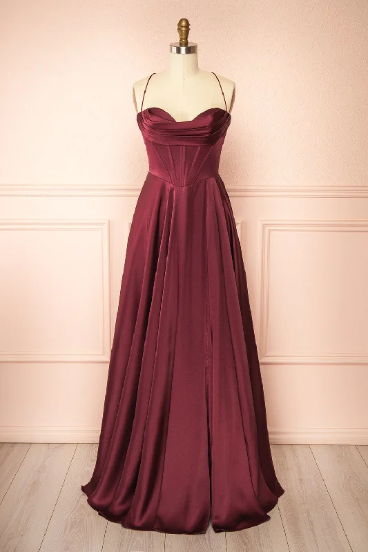 Light blue bridesmaid dress for a fresh feel -Misha Burgundy | Corset Cowl Neck Maxi Dress Light blue bridesmaid dress for a fresh feel -Misha Burgundy | Corset Cowl Neck Maxi Dress