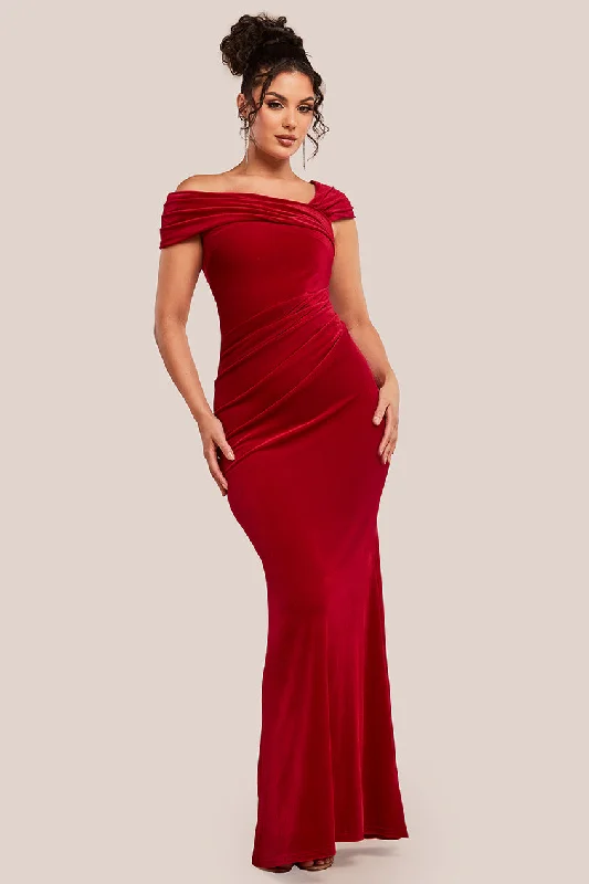 Bridesmaid dress with floral lace back for romantic touch -One Shoulder Velvet Maxi Dress - Red by Goddiva Bridesmaid dress with floral lace back for romantic touch -One Shoulder Velvet Maxi Dress - Red by Goddiva