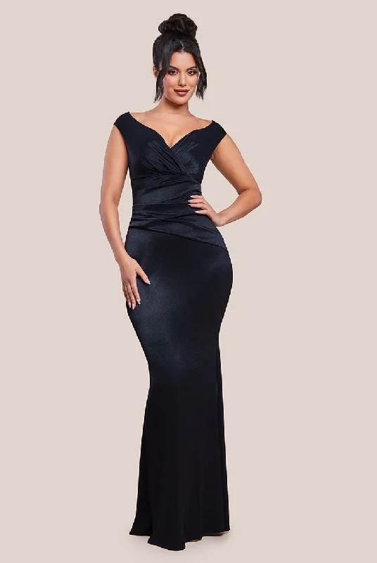 Bridesmaid dress with unique back design for standout look -Goddiva Satin Off The Shoulder Maxi Dress - Black Bridesmaid dress with unique back design for standout look -Goddiva Satin Off The Shoulder Maxi Dress - Black