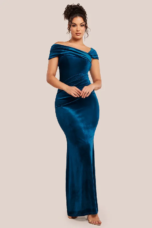 Bridesmaid dress with pleated back for unique touch -Goddiva One Shoulder Velvet Maxi Dress - Teal Bridesmaid dress with pleated back for unique touch -Goddiva One Shoulder Velvet Maxi Dress - Teal