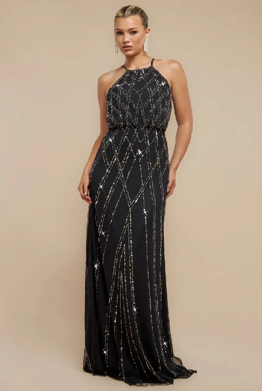 Bridesmaid dress with twirl-worthy skirt for playful style -Racer Neck Sleeveless Hand Embellished Sequin Maxi Dress - Black by Goddiva Bridesmaid dress with twirl-worthy skirt for playful style -Racer Neck Sleeveless Hand Embellished Sequin Maxi Dress - Black by Goddiva