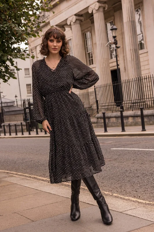 Simple day dress for laid-back weekend look -Long Sleeve Black Print Valentina Midi Dress Simple day dress for laid-back weekend look -Long Sleeve Black Print Valentina Midi Dress