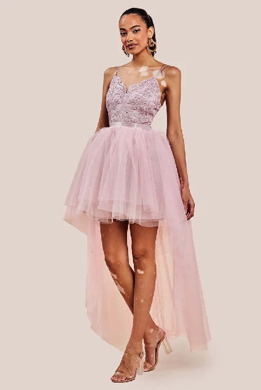 Long bridesmaid dresses for formal wedding style -Goddiva High Low Tulle Mini With Lace Bodice - Blush Long bridesmaid dresses for formal wedding style -Goddiva High Low Tulle Mini With Lace Bodice - Blush