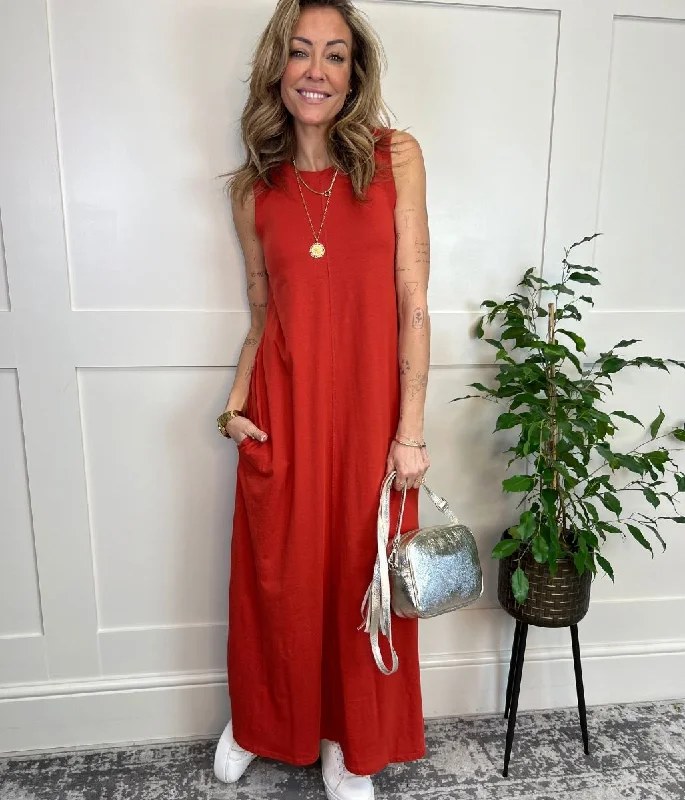 Day dress with plaid pattern for classic style -Orange Sleeveless Jersey Midi Dress Day dress with plaid pattern for classic style -Orange Sleeveless Jersey Midi Dress