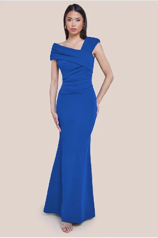 Bridesmaid dress with pleated chiffon for elegant vibe -One Shoulder Evening Maxi Dress - Royal Blue by Goddiva Bridesmaid dress with pleated chiffon for elegant vibe -One Shoulder Evening Maxi Dress - Royal Blue by Goddiva