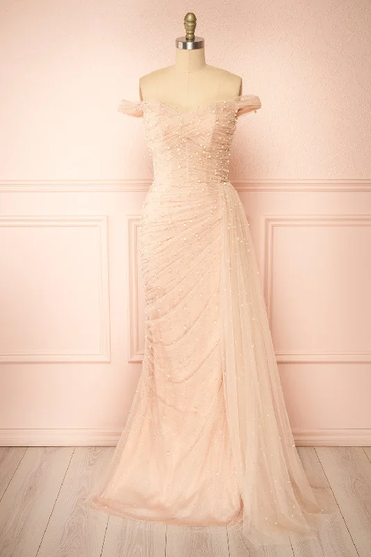 Bridesmaid dresses with pleated bodice for smooth shape -Orphee | Pink Pleated Gown w/ Pearls & Cape