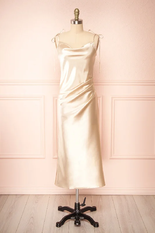 Bridesmaid dress with belt for structured shape -Elyse Beige | Cowl Neck Midi Dress