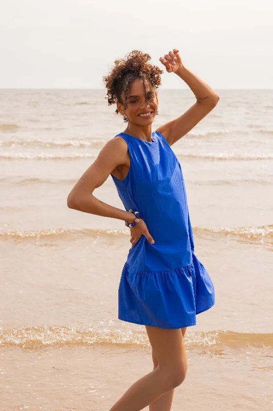 Day dress with velvet fabric for luxury feel -Blue Poplin Mini Dress