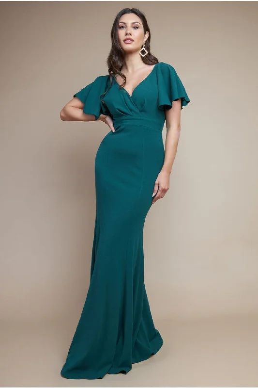 Bridesmaid dresses with V-neck for graceful look -Goddiva Flared Sleeve Front Wrap Maxi Dress - Emerald Green