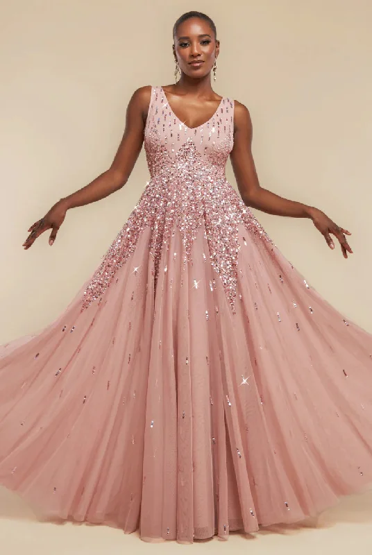 Bridesmaid dress with split hem for bold style -Sunray Hand Embellished Sequin A-Line Sleeveless Maxi Dress - Blush Pink by Goddiva