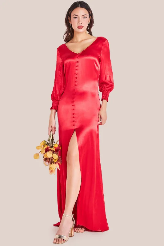 Bridesmaid dresses with sheer details for elegant touch -Satin Viscose Front Split Maxi - Red by Goddiva Bridesmaid dresses with sheer details for elegant touch -Satin Viscose Front Split Maxi - Red by Goddiva
