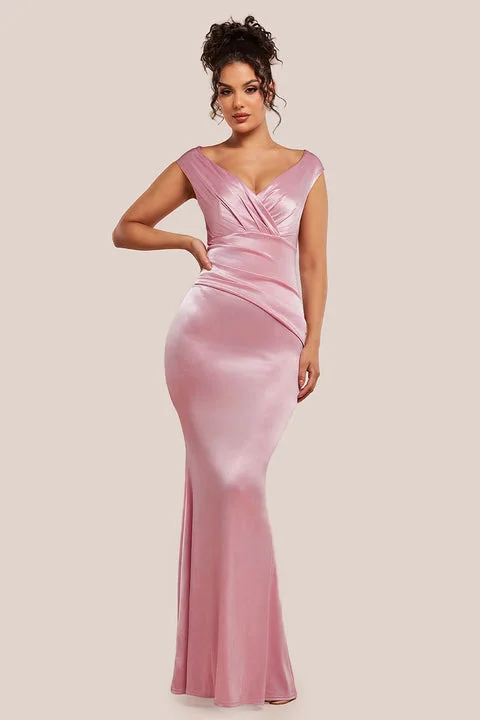 Bridesmaid dresses with off-shoulder neckline for sexy look -Satin Off The Shoulder Maxi Dress - Pink by Goddiva Bridesmaid dresses with off-shoulder neckline for sexy look -Satin Off The Shoulder Maxi Dress - Pink by Goddiva