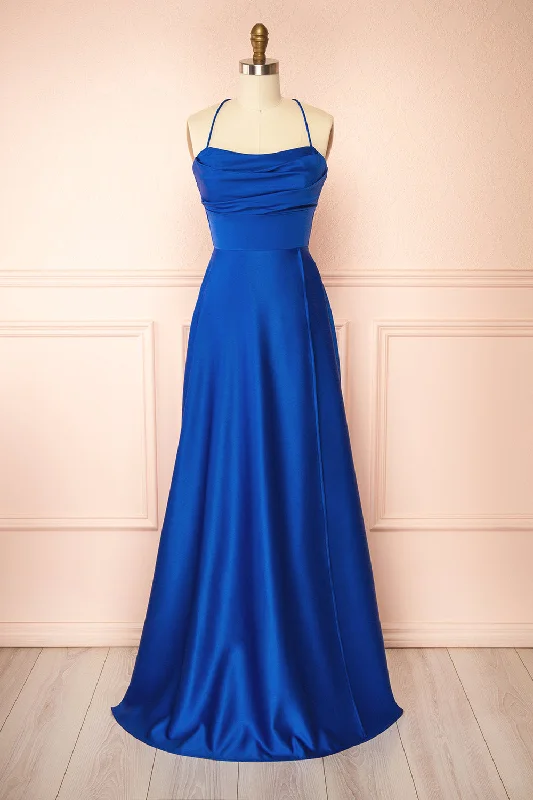 Navy blue bridesmaid dress for a timeless look -Marlys Blue | Cowl Neck Satin Maxi Dress w/ High Slit Navy blue bridesmaid dress for a timeless look -Marlys Blue | Cowl Neck Satin Maxi Dress w/ High Slit