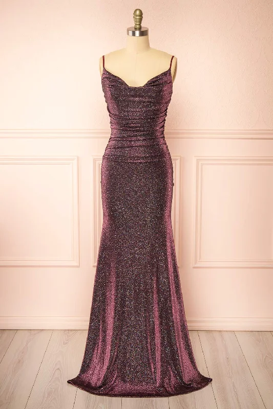 Bridesmaid dress with high neckline for a modest look -Jayna Burgundy | Ruched Sparkling Mermaid Maxi Dress Bridesmaid dress with high neckline for a modest look -Jayna Burgundy | Ruched Sparkling Mermaid Maxi Dress
