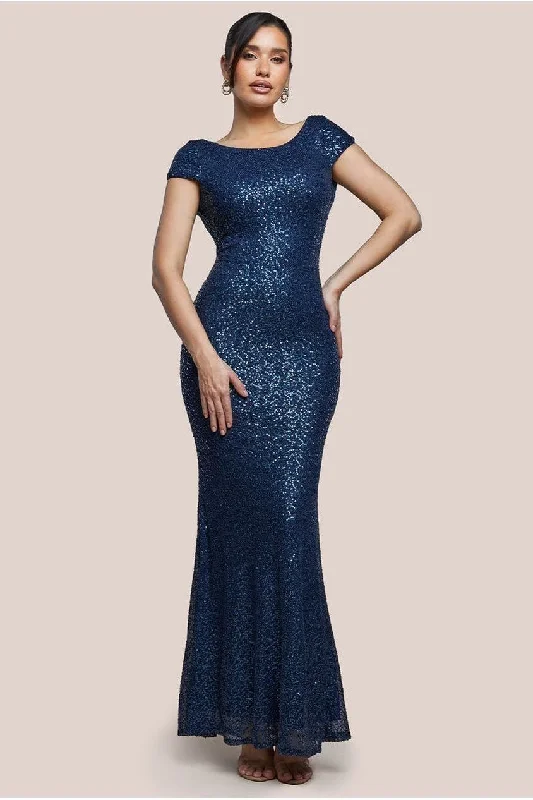 Bridesmaid dresses for beach weddings with flowy style -Goddiva Cowl Back Sequin Maxi Dress - Navy Bridesmaid dresses for beach weddings with flowy style -Goddiva Cowl Back Sequin Maxi Dress - Navy