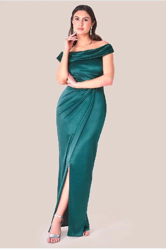 Bridesmaid dress with bow details for a cute look -Goddiva Cowl Bardot Satin Twill Maxi Dress - Emerald Green Bridesmaid dress with bow details for a cute look -Goddiva Cowl Bardot Satin Twill Maxi Dress - Emerald Green