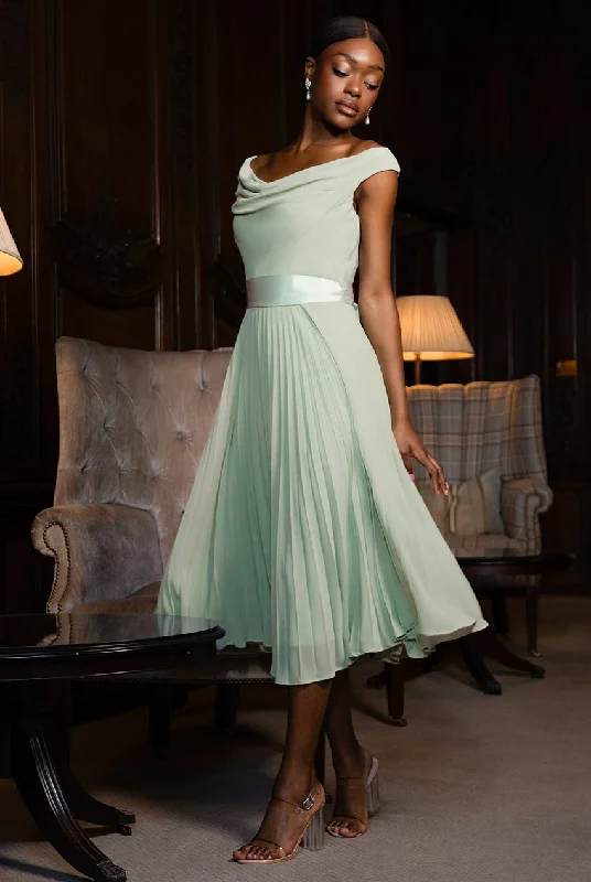 Stylish bridesmaid dresses with sleeves -Cowl Neck Pleated A-Line Chiffon Midi Dress - Sage Green by Goddiva Stylish bridesmaid dresses with sleeves -Cowl Neck Pleated A-Line Chiffon Midi Dress - Sage Green by Goddiva