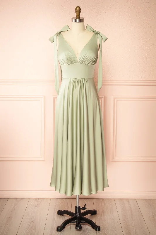 Bridesmaid dress with a wrap-around design for flattering shape -Vida Sage | Satin Midi Dress w/ Tie Straps Bridesmaid dress with a wrap-around design for flattering shape -Vida Sage | Satin Midi Dress w/ Tie Straps
