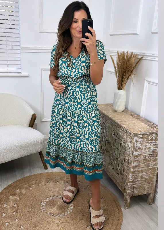 Day dress with color block design for bold look -Eldora Teal Patterned Midi Dress
