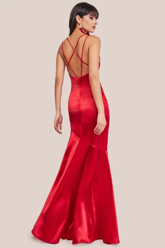 Bridesmaid dress with flattering A-line fit -Goddiva Cowl Neck With Strappy Back Satin Maxi - Red Bridesmaid dress with flattering A-line fit -Goddiva Cowl Neck With Strappy Back Satin Maxi - Red