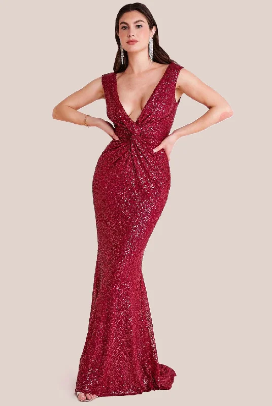 Bridesmaid dress with a belt for flattering silhouette -Goddiva Twisted Front Sequin Maxi - Burgundy Bridesmaid dress with a belt for flattering silhouette -Goddiva Twisted Front Sequin Maxi - Burgundy