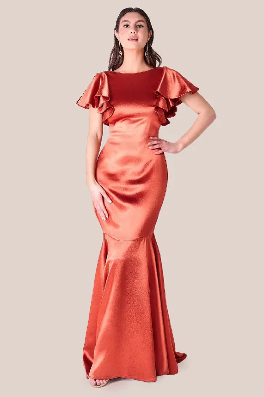 Strapless bridesmaid dress for summer wedding -Satin Flutter Sleeve Mermaid Maxi - Burntorange by Goddiva