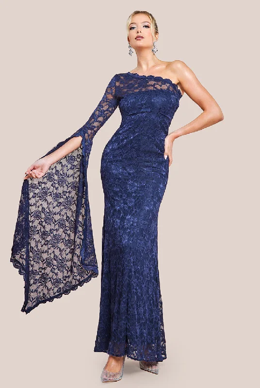 Bridesmaid dress with lace-trimmed sleeves for delicate feel -One Shoulder Scalloped Neck Maxi Dress - Navy Blue by Goddiva Bridesmaid dress with lace-trimmed sleeves for delicate feel -One Shoulder Scalloped Neck Maxi Dress - Navy Blue by Goddiva