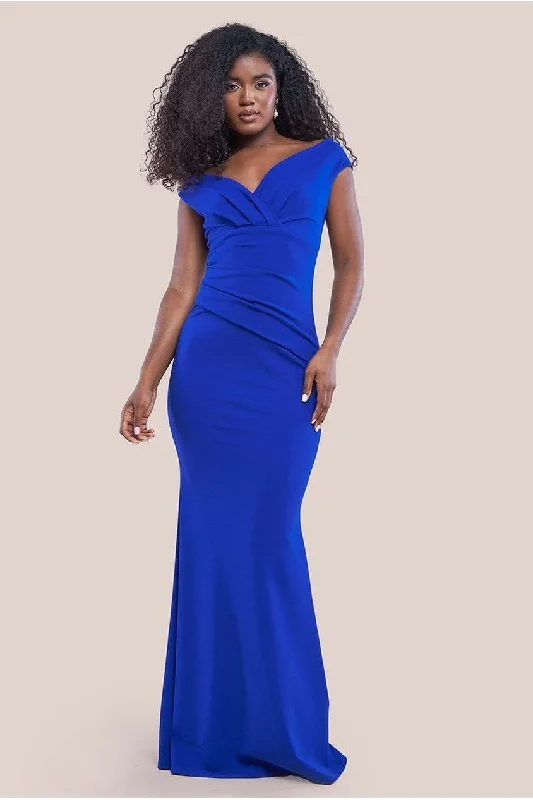 Bridesmaid dresses with tiered design for unique look -Goddiva Bardot Pleated Maxi Dress - Royal Blue Bridesmaid dresses with tiered design for unique look -Goddiva Bardot Pleated Maxi Dress - Royal Blue