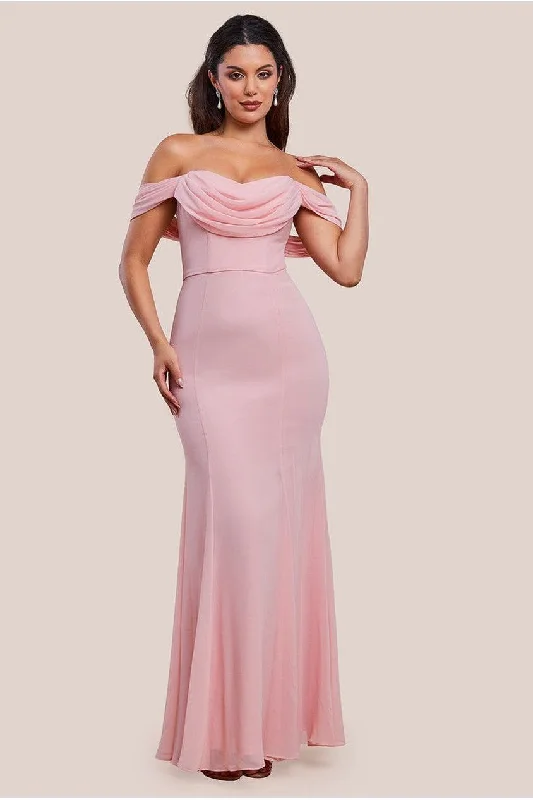 Bridesmaid dresses with a floral print for spring weddings -Chiffon Bardot Cowl Neck Maxi Dress - Blush by Goddiva Bridesmaid dresses with a floral print for spring weddings -Chiffon Bardot Cowl Neck Maxi Dress - Blush by Goddiva