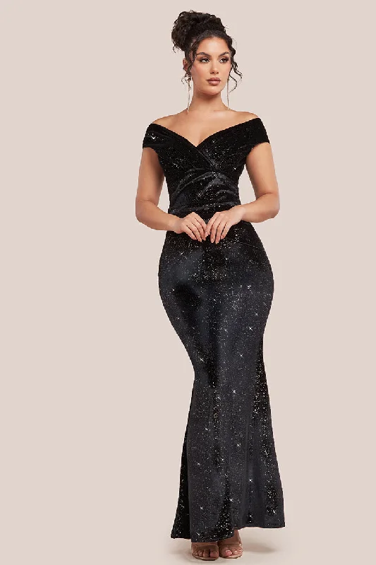 Bridesmaid dress with draped fabric for elegant look -Shimmer Velvet Bardot Maxi Dress - Black Gold by Goddiva Bridesmaid dress with draped fabric for elegant look -Shimmer Velvet Bardot Maxi Dress - Black Gold by Goddiva