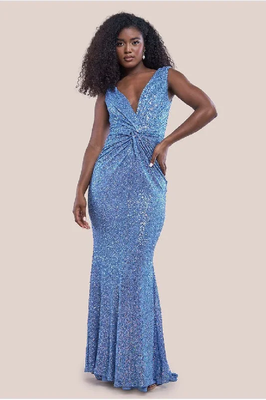 Blue bridesmaid dress for wedding with cool vibe -Twisted Front Sequin Maxi Dress - Blue by Goddiva Blue bridesmaid dress for wedding with cool vibe -Twisted Front Sequin Maxi Dress - Blue by Goddiva