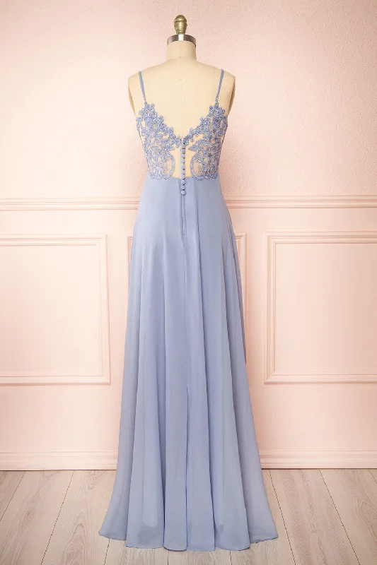 Bridesmaid dress with satin fabric for smooth, shiny finish -Peggie Blue | Chiffon Maxi Dress w/ Back Embroidery Bridesmaid dress with satin fabric for smooth, shiny finish -Peggie Blue | Chiffon Maxi Dress w/ Back Embroidery