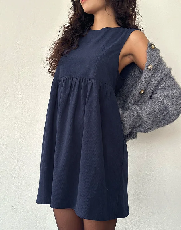 Simple day dress with pockets for convenience -Sheba Mini Dress in Babycord Ink Blue Simple day dress with pockets for convenience -Sheba Mini Dress in Babycord Ink Blue