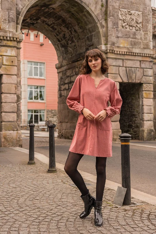 Day dress with button-down front for easy wear -Long Sleeve Cord Mini V-Neck Dress in Rose