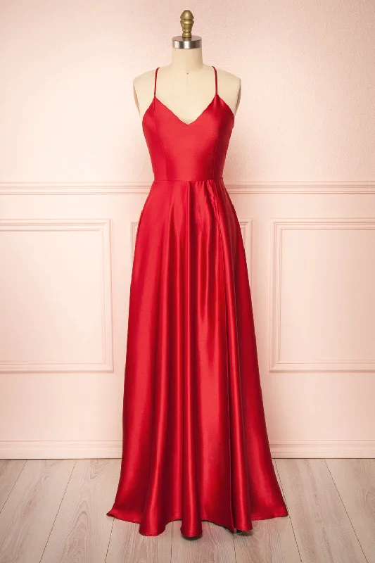 Chic black bridesmaid dress for evening wedding -Julia Red | Satin Maxi Dress w/ High Slit Chic black bridesmaid dress for evening wedding -Julia Red | Satin Maxi Dress w/ High Slit