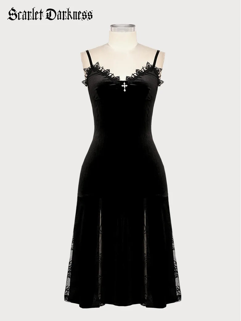 Elegant office work dress with flattering hemline -Women Victorian Gothic Style Black Lace Velvet Slip Dress Elegant office work dress with flattering hemline -Women Victorian Gothic Style Black Lace Velvet Slip Dress