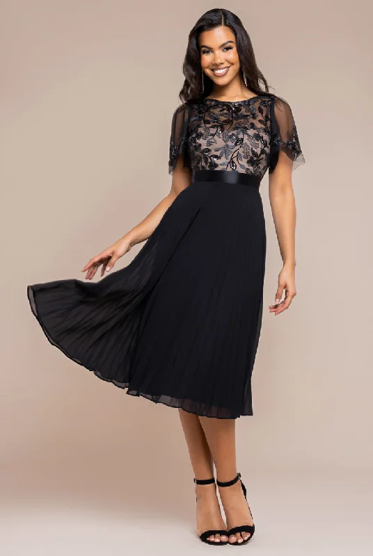 Sparkly bridesmaid dress for a glamorous wedding -Goddiva Embroidered Top Chiffon Pleated Midi - Black Sparkly bridesmaid dress for a glamorous wedding -Goddiva Embroidered Top Chiffon Pleated Midi - Black