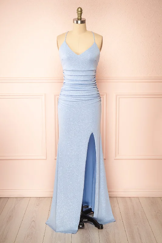 Bridesmaid dress with color-blocking design for bold style -Samira Light Blue | Sparkly Mermaid Maxi Dress w/ Slit Bridesmaid dress with color-blocking design for bold style -Samira Light Blue | Sparkly Mermaid Maxi Dress w/ Slit