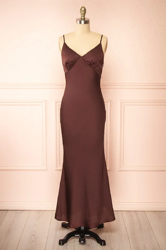 Vintage bridesmaid dress with lace detailing -Edna | Brown Maxi Satin Dress w/ Open Back Vintage bridesmaid dress with lace detailing -Edna | Brown Maxi Satin Dress w/ Open Back