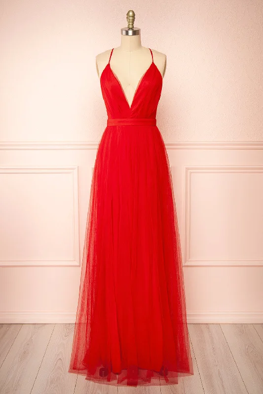 Bridesmaid dress with unique back design for standout look -Ilaria Red | Tulle Gown w/ Plunging Neckline Bridesmaid dress with unique back design for standout look -Ilaria Red | Tulle Gown w/ Plunging Neckline