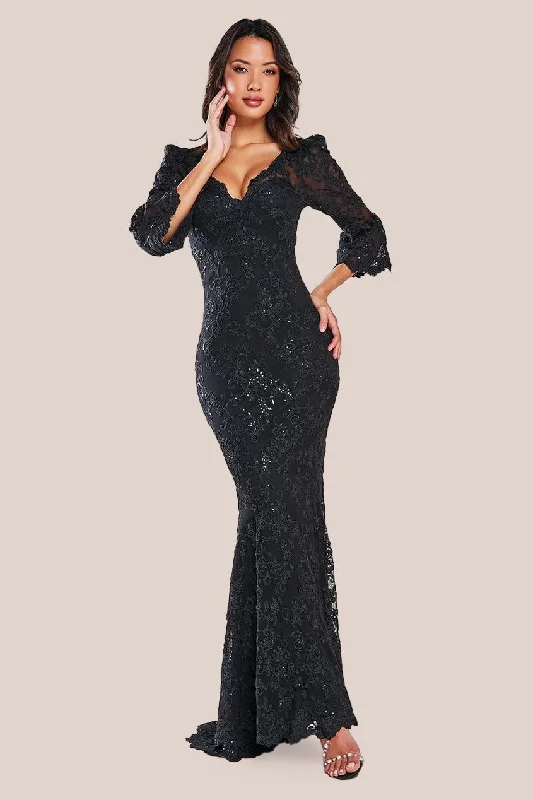 Bridesmaid dress with halter neckline for sophisticated look -Scalloped Lace Maxi Dress - Black by Goddiva Bridesmaid dress with halter neckline for sophisticated look -Scalloped Lace Maxi Dress - Black by Goddiva