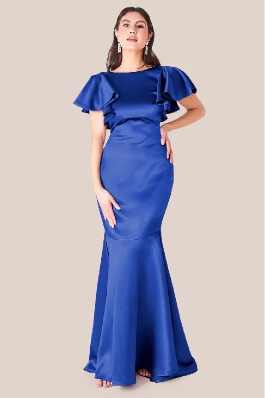 Modern bridesmaid dress with clean lines -Satin Flutter Sleeve Mermaid Maxi - Navy by Goddiva Modern bridesmaid dress with clean lines -Satin Flutter Sleeve Mermaid Maxi - Navy by Goddiva